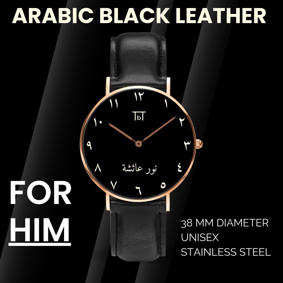 Arabic Rose Gold with Black Leather Strap FOR HIM