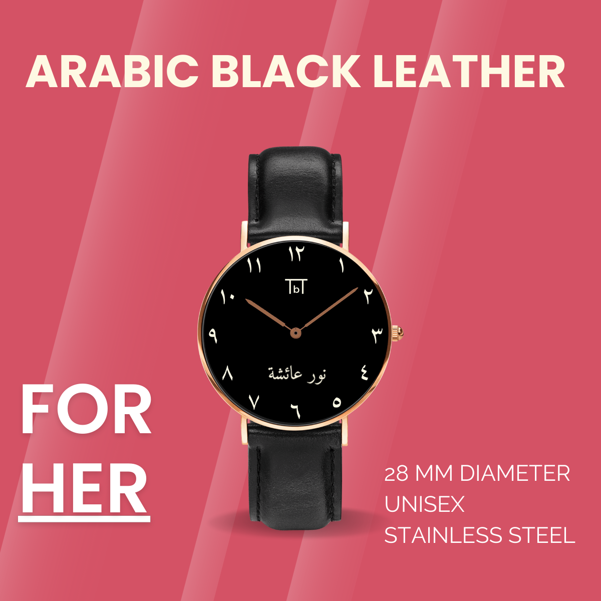 Arabic Rose Gold with Black Leather Strap FOR HER