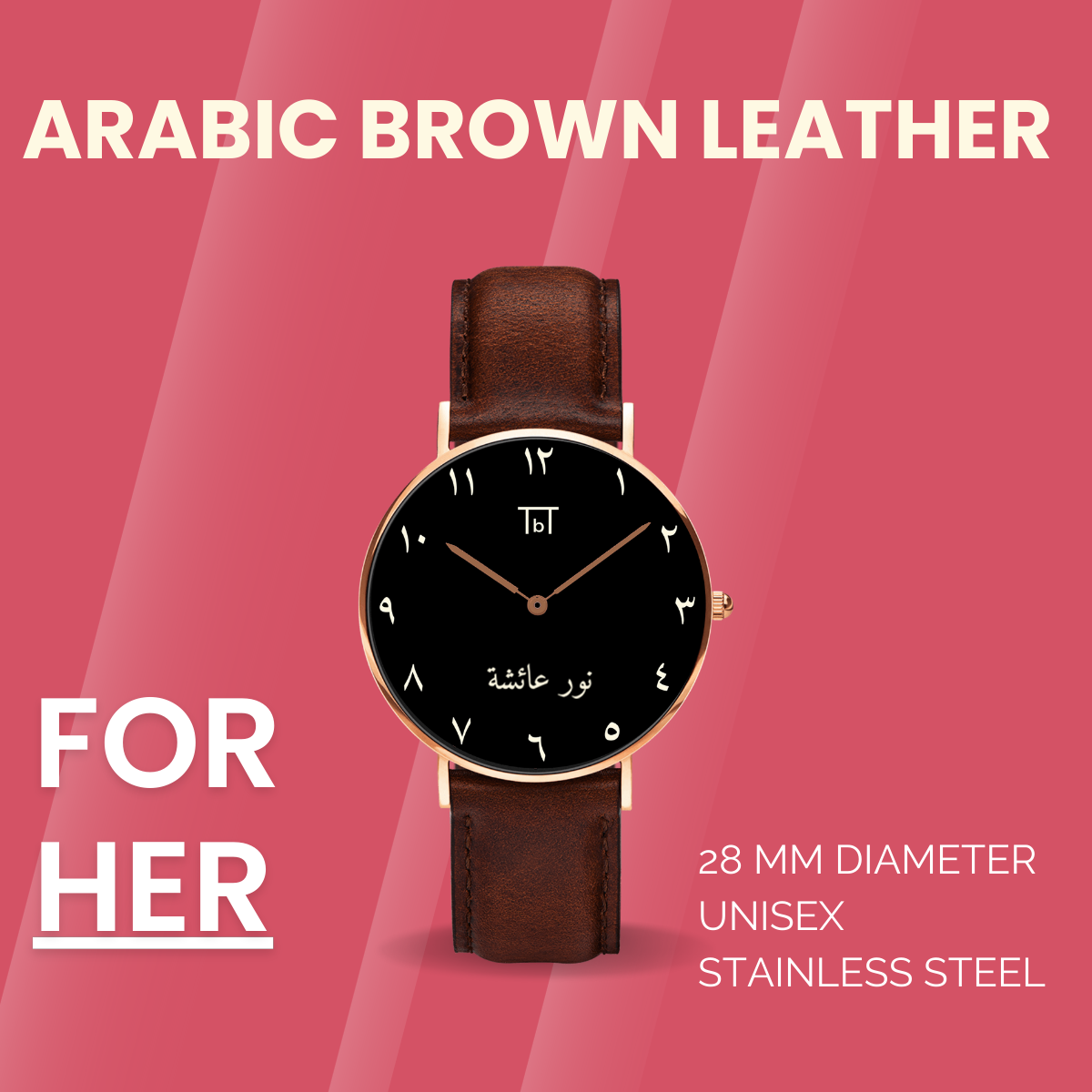 Arabic Rose Gold with Brown Leather Strap FOR HER