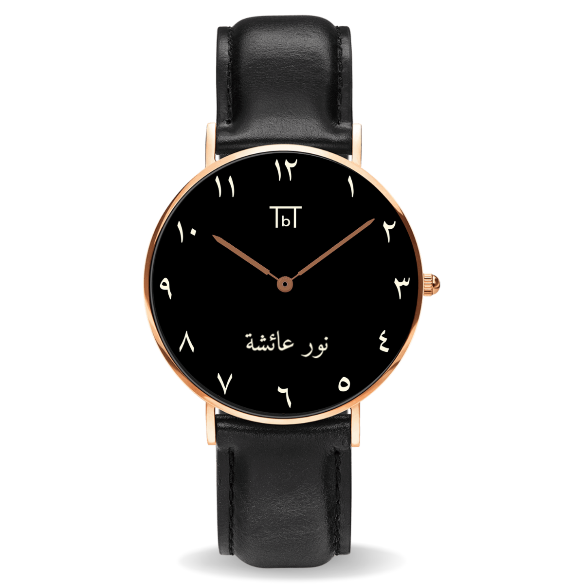 Arabic Rose Gold Black Dial with Black Leather Strap FOR HIM