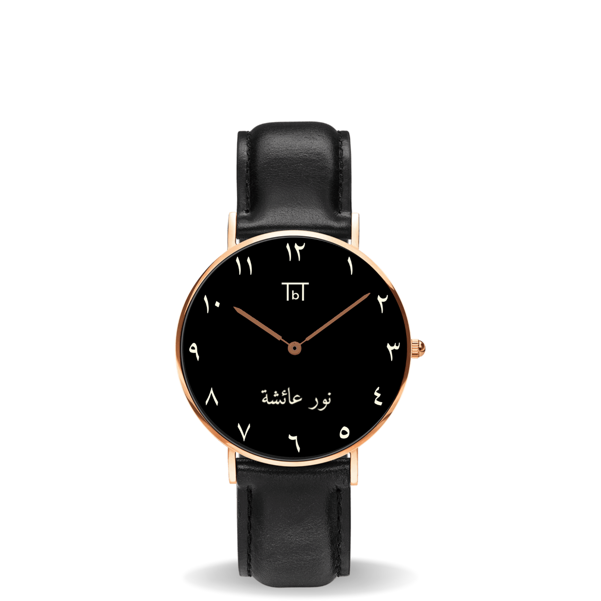 Arabic Rose Gold with Black Leather Strap FOR HER