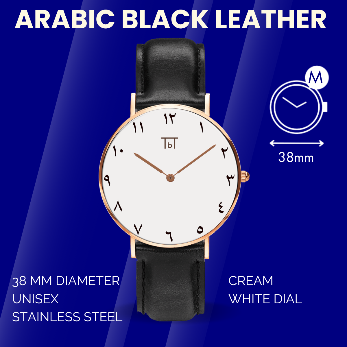 Arabic Rose Gold White with Black Leather Strap FOR HIM