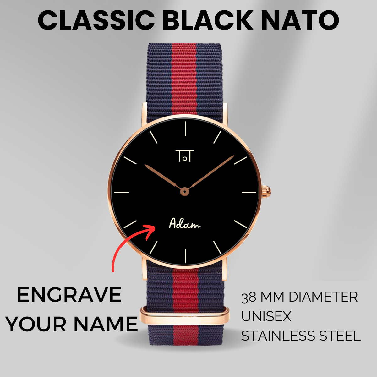 Classic Rose Gold Black with Red/Blue Nato Strap