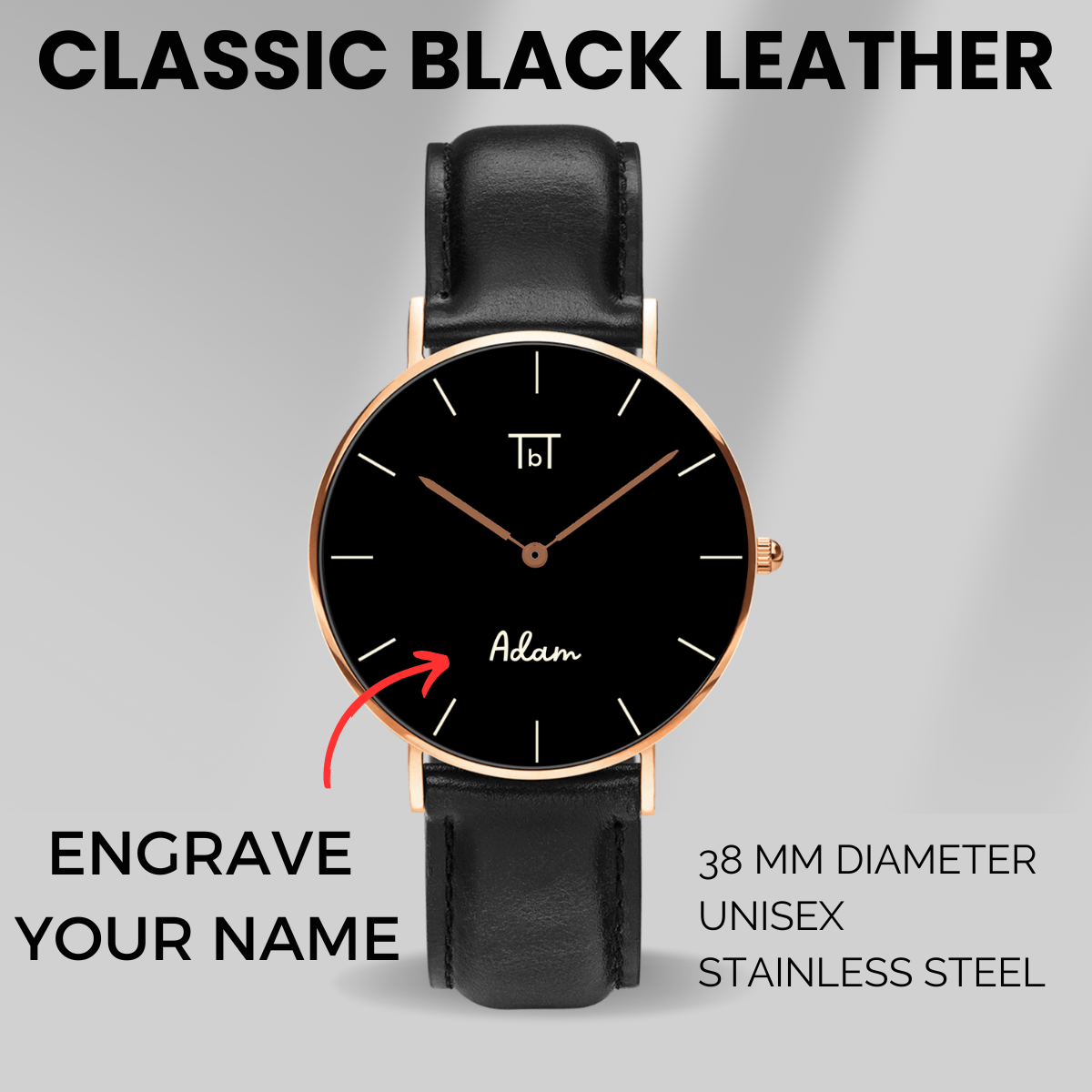 Classic Rose Gold Black with Black Leather Strap