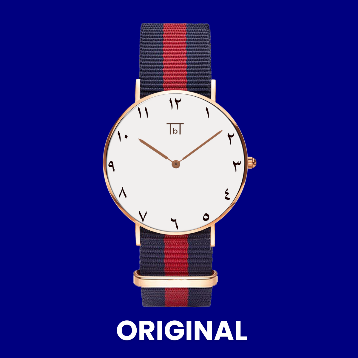Arabic Rose Gold White with Red/Blue Nato Strap (unisex)