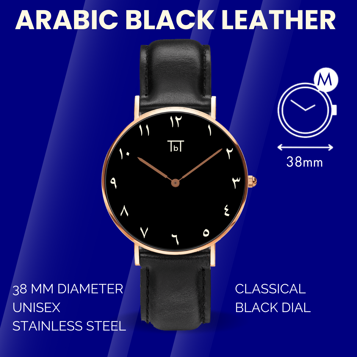 Arabic Rose Gold with Black Leather Strap FOR HIM