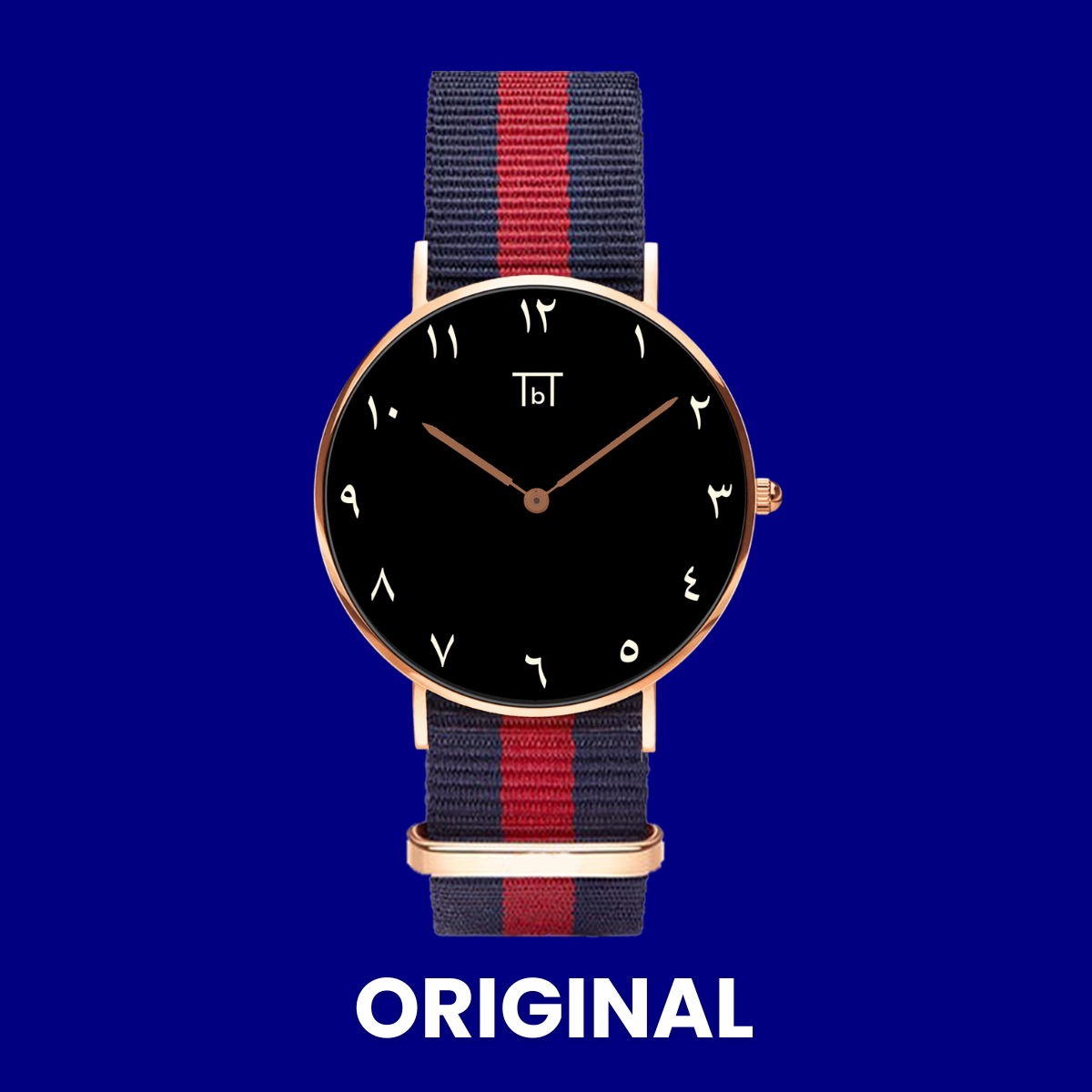 Arabic Rose Gold Black with Red/Blue Nato Strap (unisex)