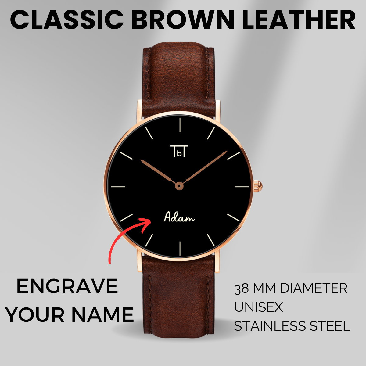 Classic Rose Gold Black with Brown Leather Strap