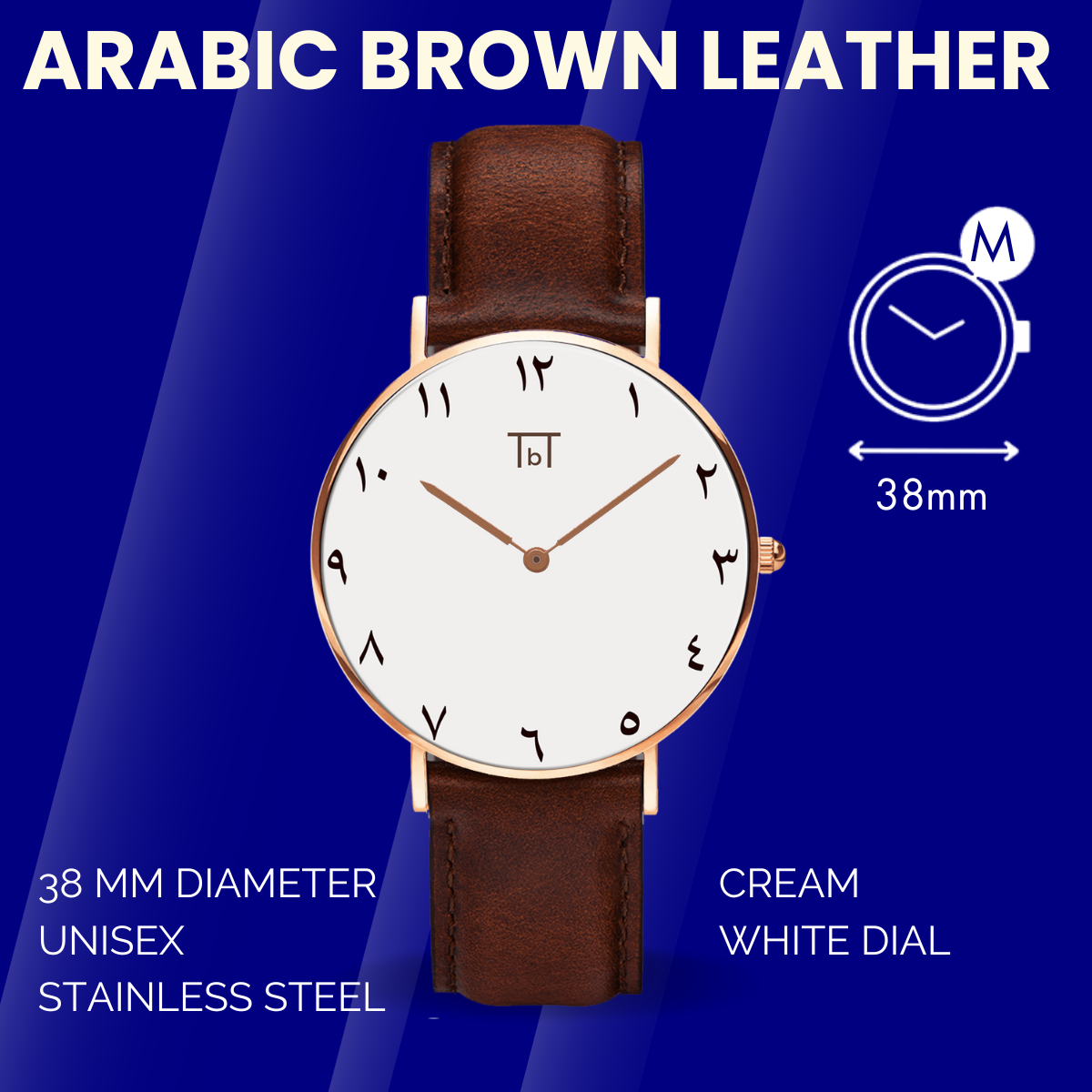 Arabic Rose Gold White with Brown Leather Strap FOR HIM