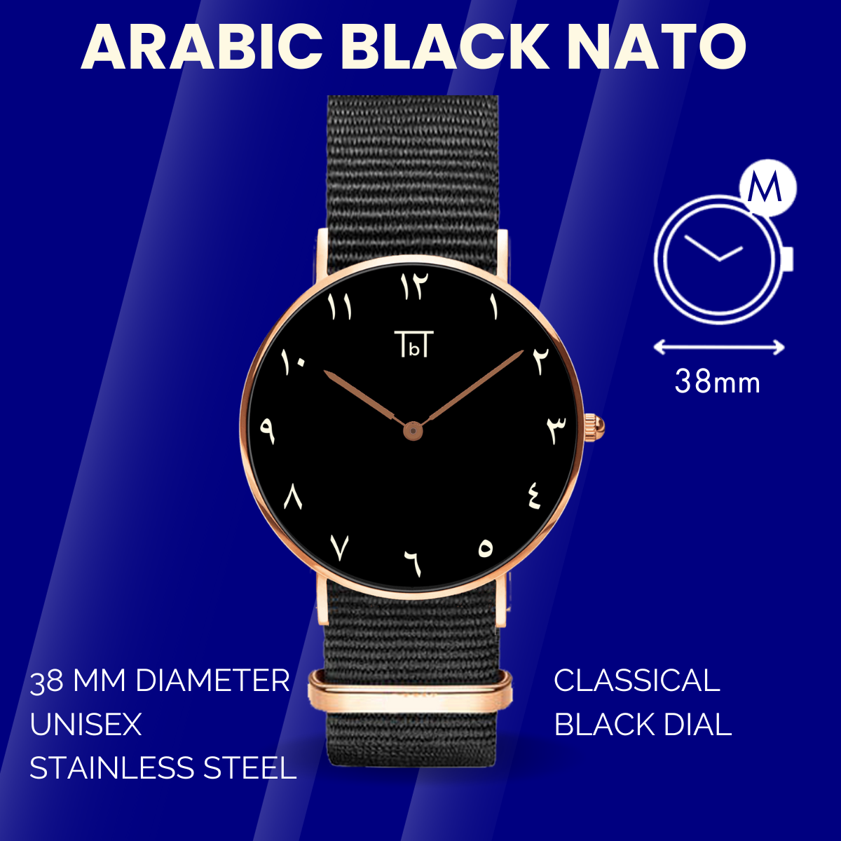 Arabic Rose Gold with Black Nato Strap (unisex)