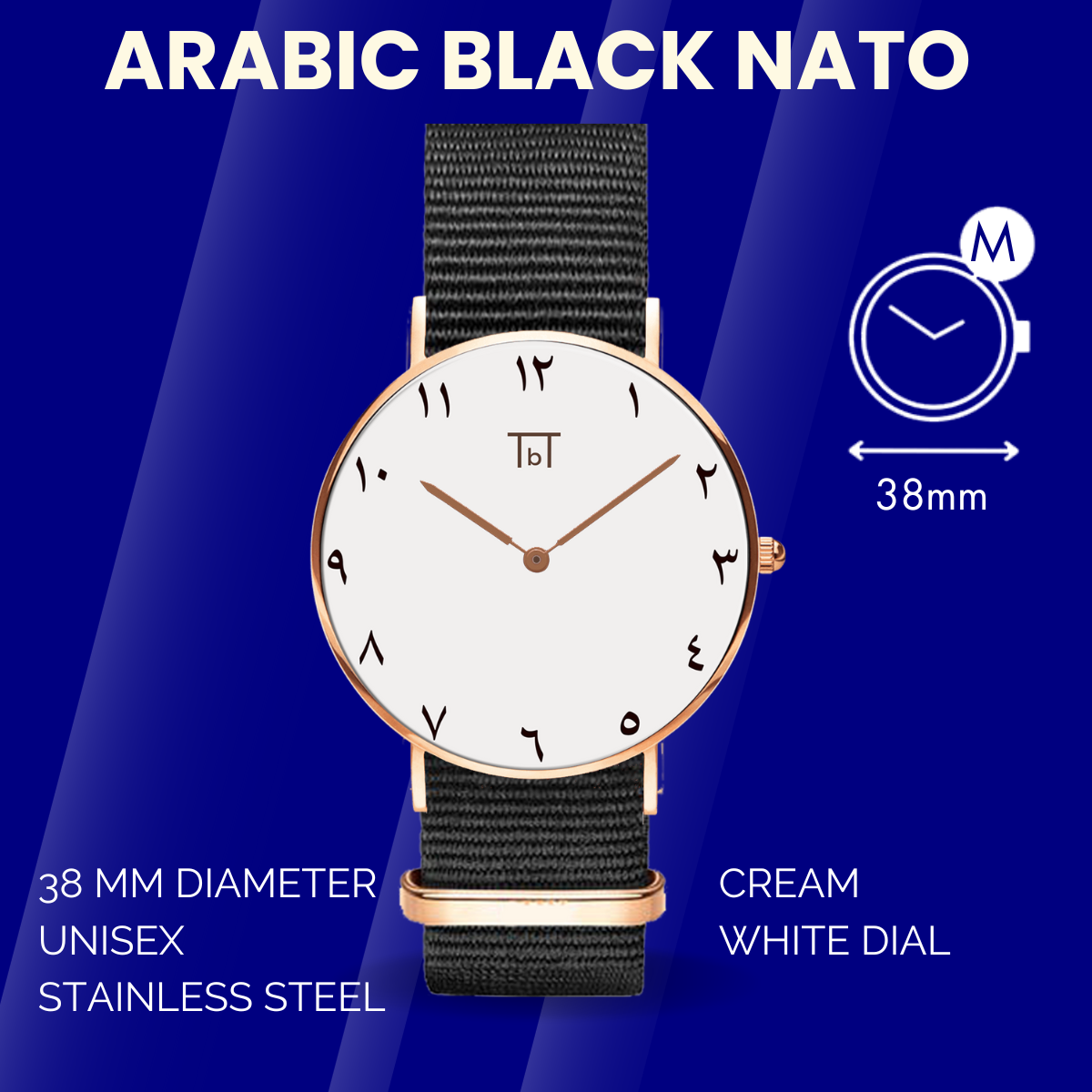 Arabic Rose Gold White with Black Nato Strap