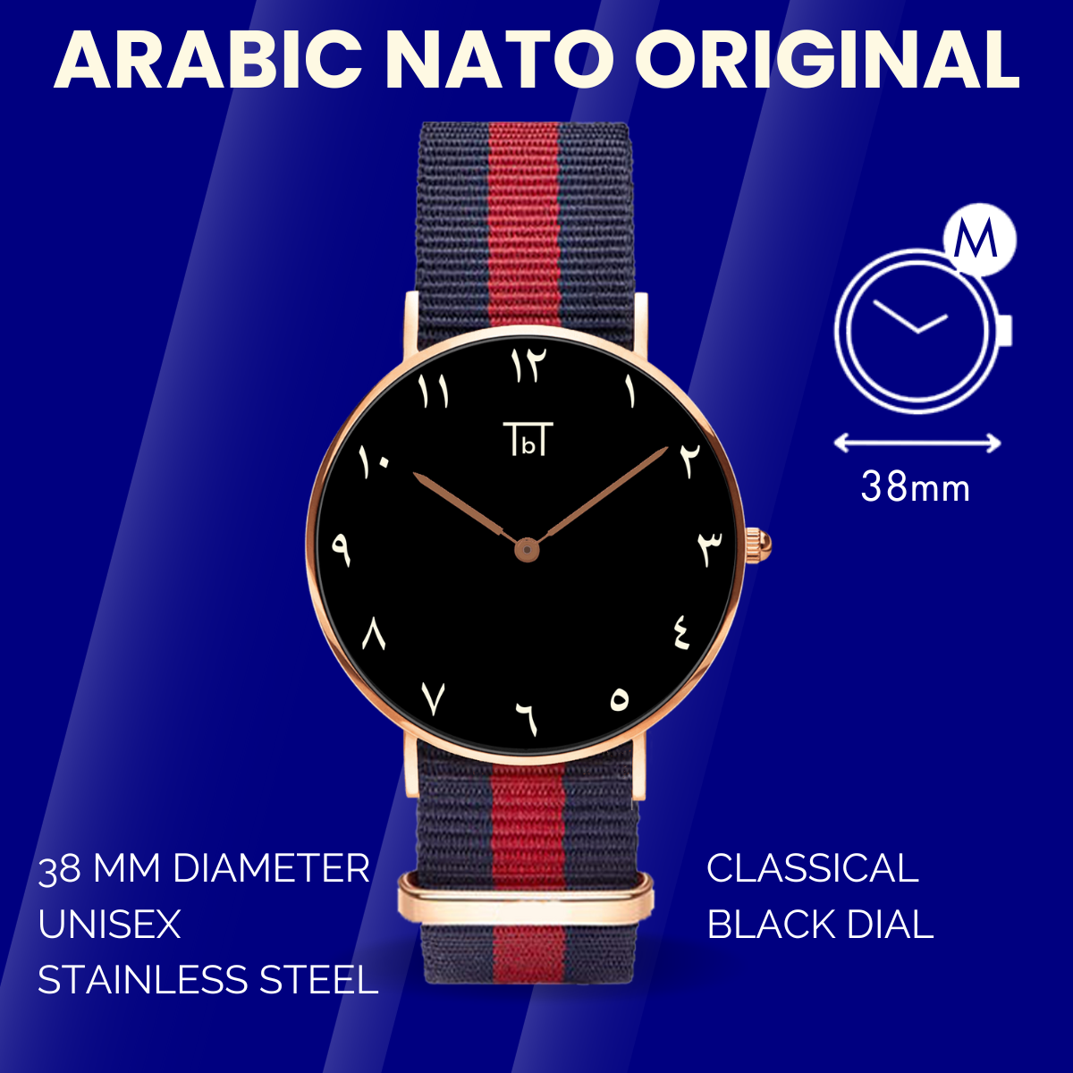 Arabic Rose Gold Black with Red/Blue Nato Strap (unisex)