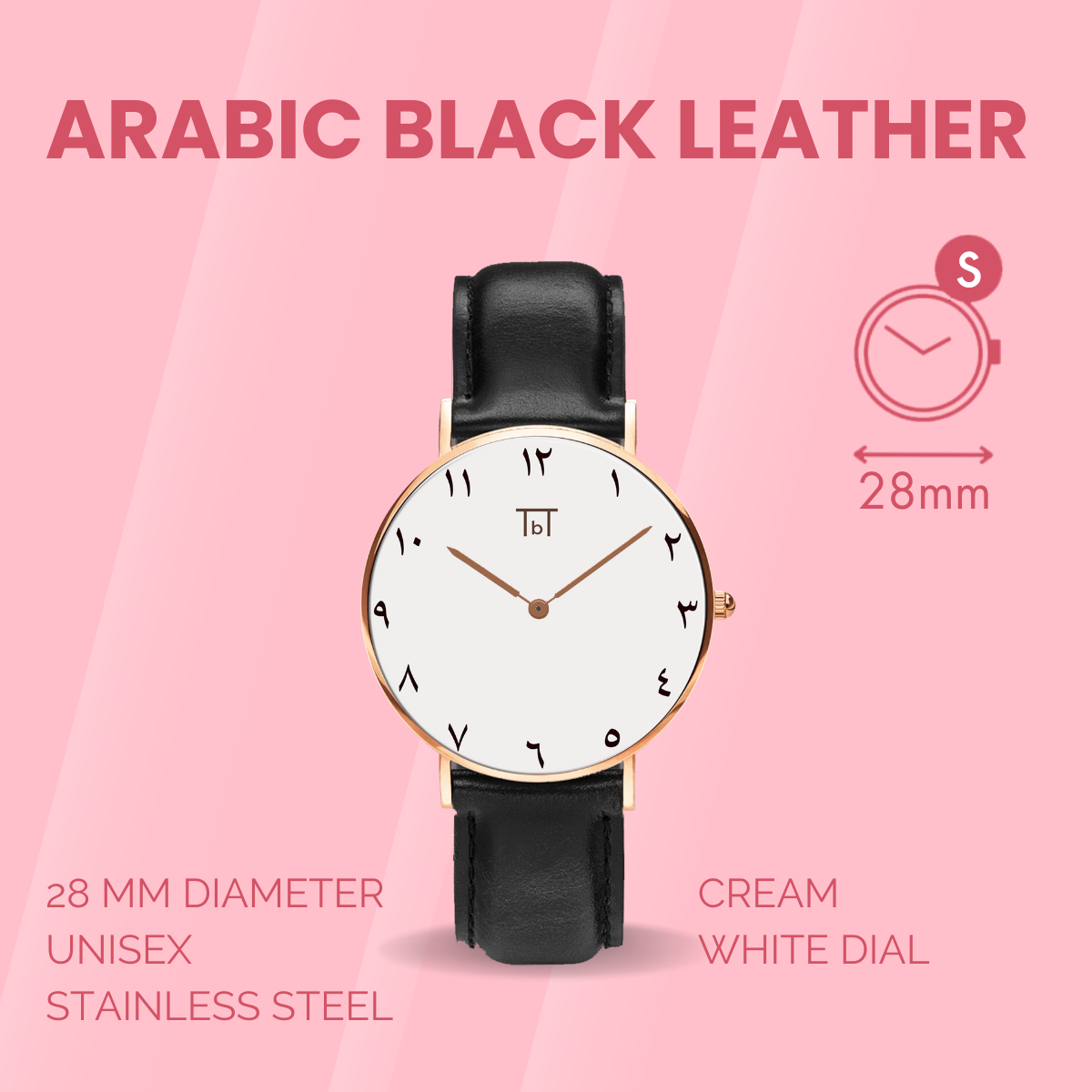 Arabic Rose Gold White with Black Leather Strap FOR HER