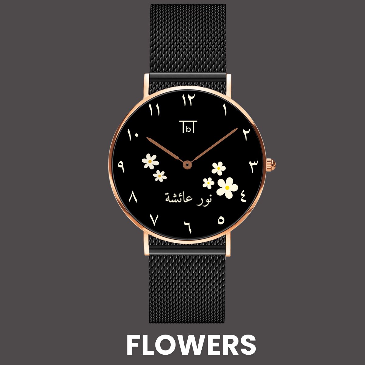 Arabic Rose Gold Black dial with Black Mesh Strap - TbT WatchesTbT Watches