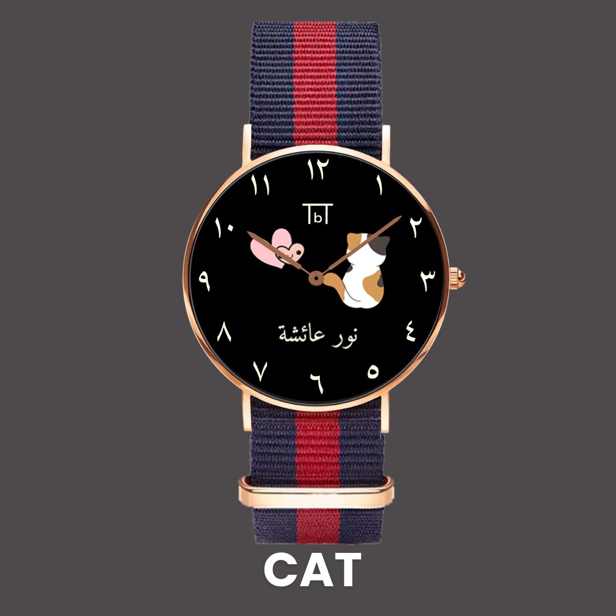 Arabic Rose Gold Black with Red/Blue Nato Strap - TbT WatchesTbT Watches
